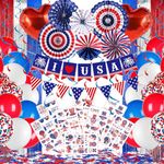 4th July Decorations Independence Day Party Decorations Kit, Red White Blue Paper Fans, Hanging Swirls, Temporary Tattoos, Foil Fringe Curtains, USA banner, Balloon for 4th of July Day Decorations