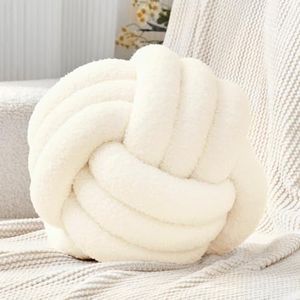 Petrella Ivory White Knot Ball Pillow, Handmade Soft Lambswool Round Throw Pillow for Sofa, Bed and Neutral Home Decor, Large Knotted Accent Cushion, 13 Inch