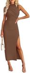 MIROL Women's Sleeveless Bodycon Maxi Dress 2024 Mock Neck Ruched Side Slit Long Tank Dress Camel