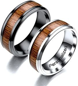 Ihanskio Anillo Personalizado Para Pareja De Anillos De Patrón De Rayas Azules En El Interior Puede Grabar Anillos De Compromiso De Boda De Promesa (Wood-pattern, Custom)