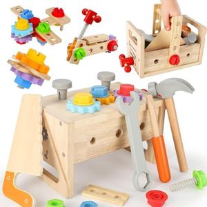 Kids Tool Set, 29 PCS Wooden Montessori Toy Tool Set for Toddlers 1-3-5 2-4 with Tool Box/Bench, Pretend Play Tool Kit, Educational STEM Construction Christmas Birthday Boys Girls