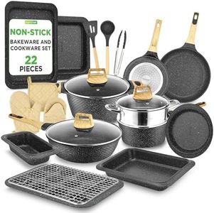 NutriChef 22-Piece Black Marble Non-Stick Cookware and Bakeware Set - Professional Home Kitchen Collection with Multi-Sized Pots, Pans, and Heat-Resistant Tools