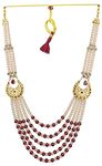 RAADHE CREATION® Pearl Neckalce Jewellery for Groom Five LineLong Mala for Men Wedding Traditional Gold Plated Dulha Necklace For Sherwani (Red)