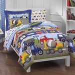 Dream Factory Trucks Tractors Cars Boys 5-Piece Comforter Sheet Set, Blue Red, Twin