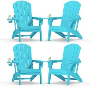 Plawdlik Folding Adirondack Chair Set of 4 with Cup Holder, SGS Tested, HDPE Heavy All-Weather,Wooden Textured,Backyard Fire Pit, Light Blue