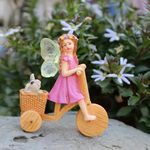 Little Girls Fairy on Tricycle With a Rabbit Statue Miniature Fairies for Fairy Garden Outdoor Accessories Riding Fairy Figurines Ornament Decor Flower Plant Decorations for Pots Resin Pink