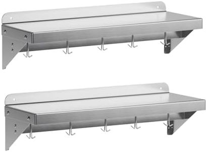 EcoExplorer Stainless Steel Shelf Wall Mounted, NSF Commercial Wall Shelf, Floating Shelving for Kitchen, Restaurant, Home, Hotel, 24 x 12 Inches Flat Surface with 7 Hooks, 2 Packs
