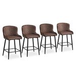 CLIPOP Bar Stools Set of 4 Faux Leather Industrial Breakfast Dining Stools with Sturdy Metal Legs and Footrest,High Back Kitchen Bar Chairs for Pub Kitchen Island (Brown)