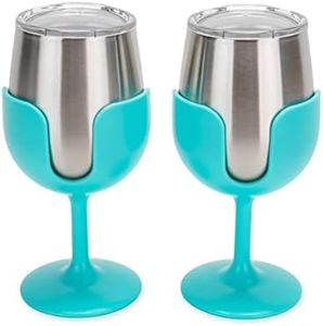 Camco Life is Better at The Campsite Wine Tumbler | Heavy Duty Double Wall Vacuum Insulation | Crafted of 18/8 Stainless Steel | Features Removable Light Blue Stems | 2-Pk, 8-oz/Each (53484)
