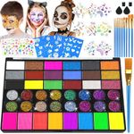 Professional Face Painting Kit for Kids – 42 Color Water Activated Facepaint Makeup Kit, Non-Toxic face Paint with Stencils, Gems, Brushes– for Halloween, Parties, Carnival, School Event & Festivals