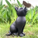 Cat Statue Garden Outdoor Decor, Cat with Butterfly Garden Statues, Outsides Decorations Gift for Cat Lovers Gardeners, Ornament Gift for Patio, Yard, Lawn, Porch & Home (Black)