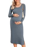 Ekouaer Maternity Dress Rib Knit Long Sleeve Side Slit Bodycon Dresses Pregnancy Baby Clothes Summer, Dark Blue, L