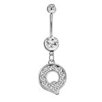 Initial Dangle Belly Button Rings | Embellished with CZ Crystals in Silver Letters A to Z | Ideal for Navel Piercings Belly Piercings - Initial Q - BB-017
