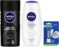 Nivea Men Body Wash, Deep Impact, 3 in 1 Shower Gel for Body, Face & Hair with Microfine Clay, 250ml & Lip Balm, Original Care, 4.8g & Shower Gel, Crème Soft Body Wash, Women, 250ml