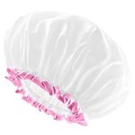 mikimini White Large Shower Cap for Women Long Hair, Reusable Waterproof Double Layers Bathing Hair Cap Soft Comfortable PEVA Lining, Cute, Non-fading & Stretchy Shower Hat X-Large Pack of 1