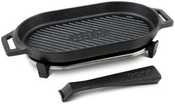 Ooni Cast Iron Grizzler Pan - Grill Frying Pan 31cm x 16cm, Griddle Plate with Removable Handle and Stainless Steel Trivet, Pre-Seasoned Non-Stick Oven Safe Cookware, Pizza Oven and BBQ Accessories