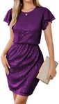 Sequined Cocktail Dress Short Sleeve Party Club Sparkly Dresses for Women Purple M