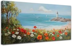 Ardemy Flowers Wall Art Canvas Blue Ocean Lighthouse Painting Seascape Landscape Coastal Picture, Textured Floral Artwork Extra Large Framed for Living Room Bedroom Bathroom Home Office Wall Decor