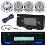 Single DIN Marine Motorsports Bluetooth USB AUX AM/FM Radio Stereo CD Player Receiver + 4X 400W 6.5" Silver Coaxial Speakers + Radio Antenna + 16g 50FT Speaker Wire