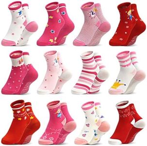 SkiBeaut Baby Toddlers Girls Socks 12 Pairs Non Slip Crew Kids Socks with Grips for Little Girl Gripper Socks for 0-7 Years, #1 Crown Stars(12 Pairs)