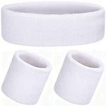 3 Pcs Sweatbands Set，Cotton Terry Cloth Sports Headband & Wristband for Working Out, Tennis, Gymnastics, Baseball, Basketball, Football, Gym Exercise (White)