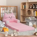 Nebuaegis Kids Sofa Chair for Toddler, 2-in-1 Folding Soft Baby Couch with Removable Cover, Comfy Plush Children's Recliner, Convertible Floor Sofa Bed to Lounger for Girls Boys Age 1-3,Cat Pink