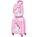 HOMFME 2 PCS Kids Luggage Set, 16 Inch Children Carry on Suitcase with 12 Inch Backpack, Adjustable Handle and Smooth Wheels, Hard Shell Boys Girls Trolley Case for Travel School (Unicorn, Pink)