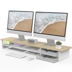 FENGE Dual Monitor Stand Riser With Drawers,2 Tier Wood & Acrylic Desktop Organizer for Computer, Laptop, Printer, TV Screen Riser ,Oak