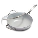 GreenPan Venice Pro Tri-Ply Stainless Steel Healthy Ceramic Non-Stick 30cm/4.7 Litre Wok Pan with Helper Handle and Lid, PFAS Free, Multi Clad, Induction, Oven Safe, Silver