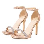 Elisabet Tang Women's 4.3 Inch Platform High Heeled Sandals Strappy Stiletto Open Square Toe Heel with Ankle Strap at Wedding Party Prom Work Dating Champagne Gold Rhinestone Size 7.5