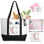 Personalized Customized Friend Birthday Gifts, Floral Ini-tial Large Tote Bag for Women, Can-vas Beach Bag w Makeup Bag, Bridesmaid Grandma Mother Gifts w Inner Pocket, Top Zi-pper, Gift Box, Card C