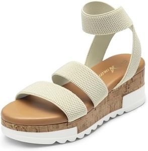 Athlefit Women's Wedge Sandals Platform Sandals Cork Elastic Strap Sandals Size 6 Beige