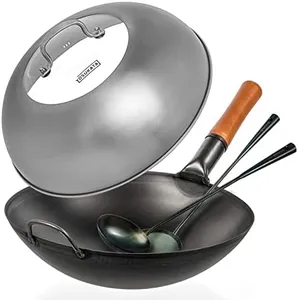 YOSUKATA Black Carbon Steel Wok Pan 14" (Round Bottom) With Lid 13.6 Inch - Premium Stainless Cover + Pre-Seasoned - Blue Carbon Steel 17-inch Spatula, Ladle, 3 Pairs of Chopsticks