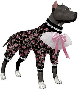 LovinPet Dog Pjs Large, UV Protection, Anxiety Calming Pajamas for Big Dogs. Stretchable Vintage Floral Black, Pink Prints