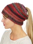 C.C BeanieTail Soft Stretch Cable Knit Messy High Bun Ponytail Beanie Hat, Rust Tribal Blend, One Size