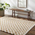 Hauteloom Kieu Contemporary Checkered Fluffy Shag Runner Rug - Modern Geometric Soft Carpet Tiles for Hallway, Kids Room, Nursery - White, Yellow - 2'7" x 7'3"