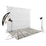 8'x12' White Brick Wall with Gray Wooden Floor Photography Backdrop Vinyl Background for Pictures D-2504