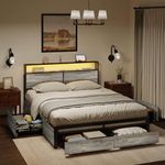 HAUSOURCE Queen Bed Frame with 4 Drawers Storage Headboard and LED Lights Charging Station Metal Platform Bed Frame Queen Size Heavy-Duty Metal Slats Support No Box Spring Needed,Grey