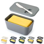 Butter Dish with Lid for Countertop and Refrigerator Dooe Shelf, Reanea Plastic Butter Holder Tray Container with Butter Knife, Easy Scoop Dishwasher Safe