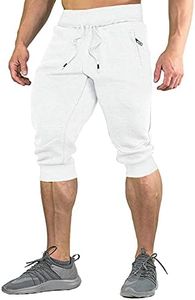 FASKUNOIE Men's Athletic Shorts Summer 3/4 Length Cotton Workout Jogger Shorts with Zipper Pockets White