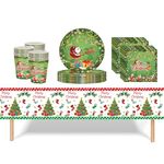 53Pcs Christmas Party Tableware Decorations,Green Tree Party Santa Xmas Theme Tableware Set Christmas Table Cloth,7inch 9inch Paper Plates,Napkins for Xmas Disposable Dinnerware,Christmas party