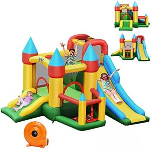 COSTWAY Château Gonflable avec 2 Toboggans, Aire de Saut, Piscine à Balles et Panier de Basketball, Inclus Gonfleur de 580-610W, Convient pour Enfants de 3 à 10 Ans, Charge Max 135KG, 330x300x210 cm