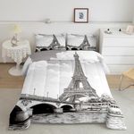 Feelyou Girls Eiffel Tower Comforter Queen 3 Piece Gray Retro Paris Cityscape Comforter Set for Boys Women Men Super Soft Chic French Bedding Set Vintage Decor Black White Bedspread All Season Boys