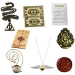 PIUMOJ Harry Accessories Set, Golden Snitch Pendant, Potter Jewellery Necklace Set, Magic Theme Time Turner, Fire Varnish Seal, Map of Scenes, Round Trip Card, Saying Sheet, 8 Pieces, S, Paper