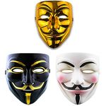 CUQOO V for Vendetta 3pc Mask Set – Adult Halloween Costume in Gold, White and Black Colours | Hacker Outfit for Friends, Family Cosplay Games | Cool Gifts for Birthdays, Parties & Various Occasions