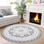 SHACOS Round Rugs 120 CM Grey Round Area Rug for Living Room Super Soft Circle Rug Machine Washable Non-Slip Traditional Floral Medallion Floor Carpet Rug for Living Room Bedroom Entryway Bathroom