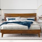 Acacia Aurora King Bed Frame and Headboard Solid Wood Platform Bed, King Bed Frame, Unqiue Design Contemporary Signature Wood Bed Compatible with All Mattress Types, Non-Slip and Noise-Free, Caramel