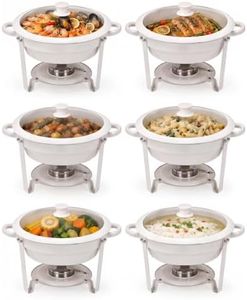GarveeHome 5QT Round Chafing Dish Buffet Set of 6, Maifanite-Coated White Chafing Dish with Transparent Lids, Stainless Steel Commercial Food Warmers for Parties, Weddings, Restaurants & Catering