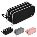 Large Pencil Case 3 Compartments Pencil Pouch Durable Pencil Case for Adult Kids with Handle,Lightweight Canvas Pencil Organizer Bag for School Supplies,Office,Black