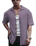 Zilcon Linen Shirts for Men Button Down Short Sleeve Shirt Button up Men's Casual Shirt Mens Beach Summer Vacation Hawaiian (in, Alpha, XL, Regular, Purple)